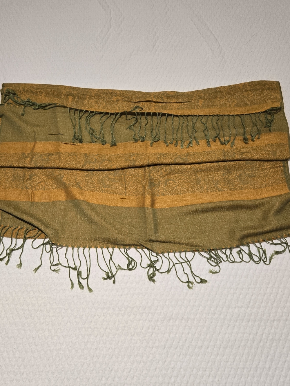 Nwot Pashmina Olive Green and Mustard Stripe Fringe Scarf